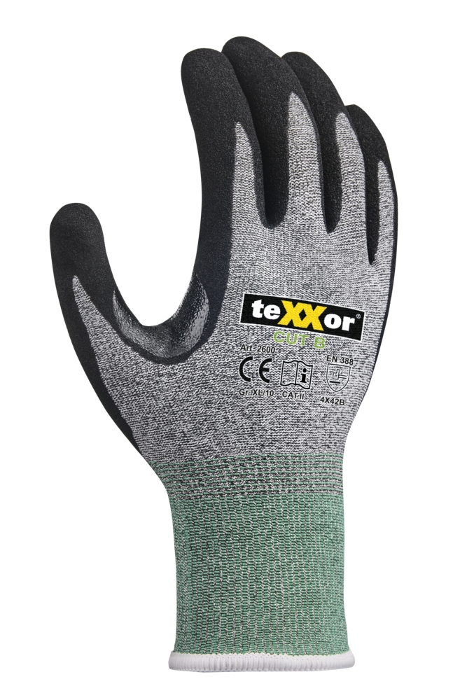 teXXor® Schnittschutz-Strickhandschuhe CUT B grau-meliert/grün